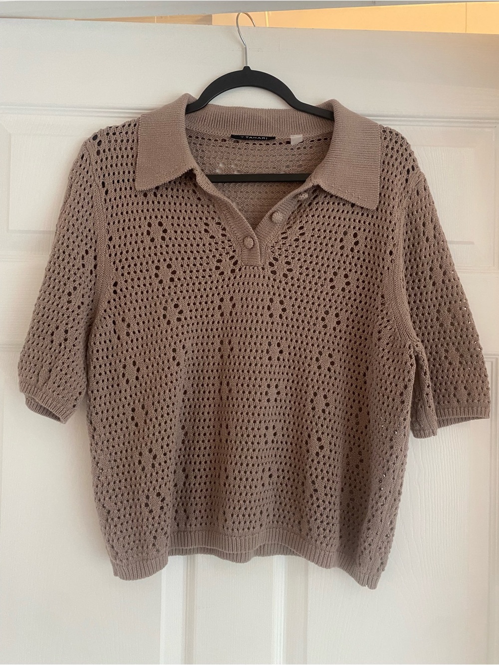 T Tahari Open-Knit Polo Sweater Top - Taupe